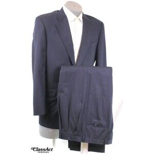 Hickey Freeman 2 Piece Suit Mens Blue Striped 2 Btn Wool 39R Pleated 34" Waist